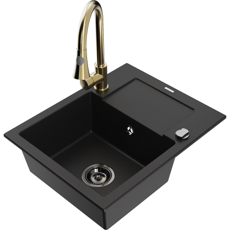 Mexen Enzo 1-bowl granite kitchen sink with drainer and Elia faucet, black - 6506-77-670101-50-B