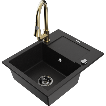 Mexen Enzo granite kitchen sink single-bowl with drainer and Elia kitchen tap, black - 6506-77-670101-50-B