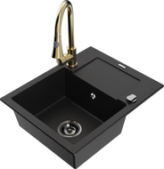 Mexen Enzo 1-bowl granite kitchen sink with drainer and Elia faucet, black - 6506-77-670101-50-B