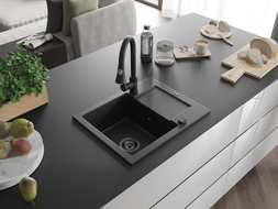Mexen Enzo 1-compartment granite sink with a drip tray and kitchen mixer tap Elia, Black - 6506-77-670101-70-B