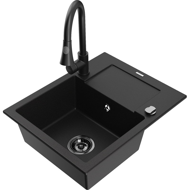 Mexen Enzo 1-bowl granite sink with drainer and Elia kitchen tap, black - 6506-77-670101-70-B