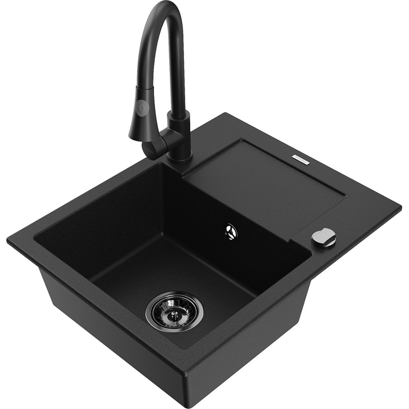 Mexen Enzo 1-bowl granite sink with drainer and kitchen faucet Elia, black - 6506-77-670101-70-B