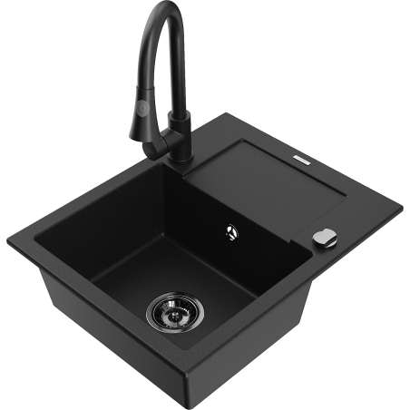 Mexen Enzo 1-bowl granite sink with drainer and Elia kitchen faucet, black - 6506-77-670101-70-B