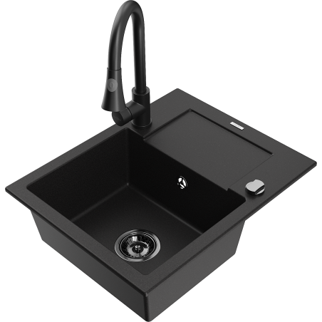 Mexen Enzo 1-bowl granite sink with drainer and Elia kitchen tap, black - 6506-77-670101-70-B