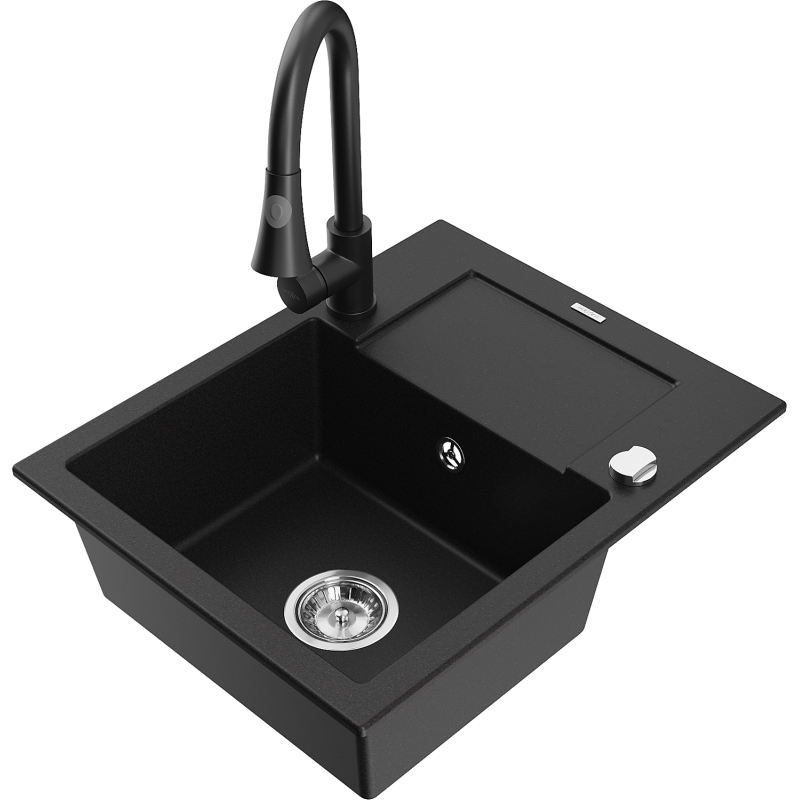 Mexen Enzo granite sink 1-bowl with drainer and Elia kitchen tap, black - 6506-77-670101-70