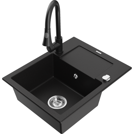 Mexen Enzo 1-bowl granite sink with drainer and Elia kitchen faucet, black - 6506-77-670101-70