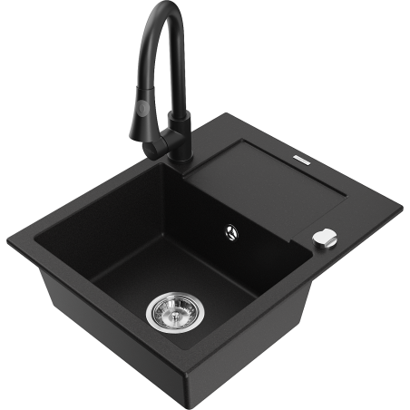 Mexen Enzo granite sink 1-bowl with drainer and Elia kitchen tap, black - 6506-77-670101-70