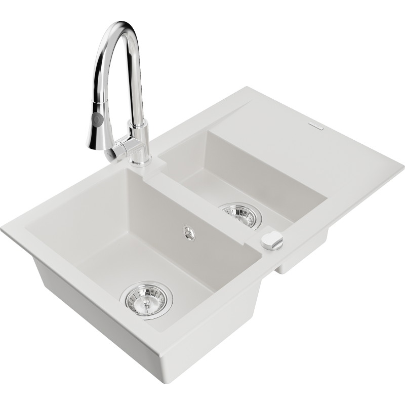 Mexen Gaspar granite sink 1.5-bowl with drainer and Elia kitchen faucet, white - 6507-20-670101-00