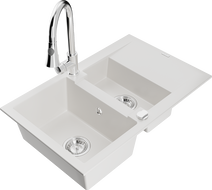 Mexen Gaspar 1.5-compartment granite sink with a drip tray and kitchen mixer tap Elia, White - 6507-20-670101-00