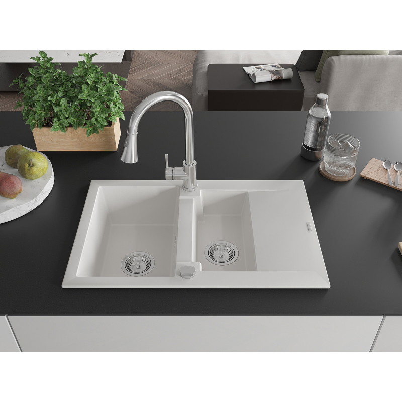 Mexen Gaspar granite sink 1.5-bowl with drainer and kitchen faucet Elia, white - 6507-20-670101-00
