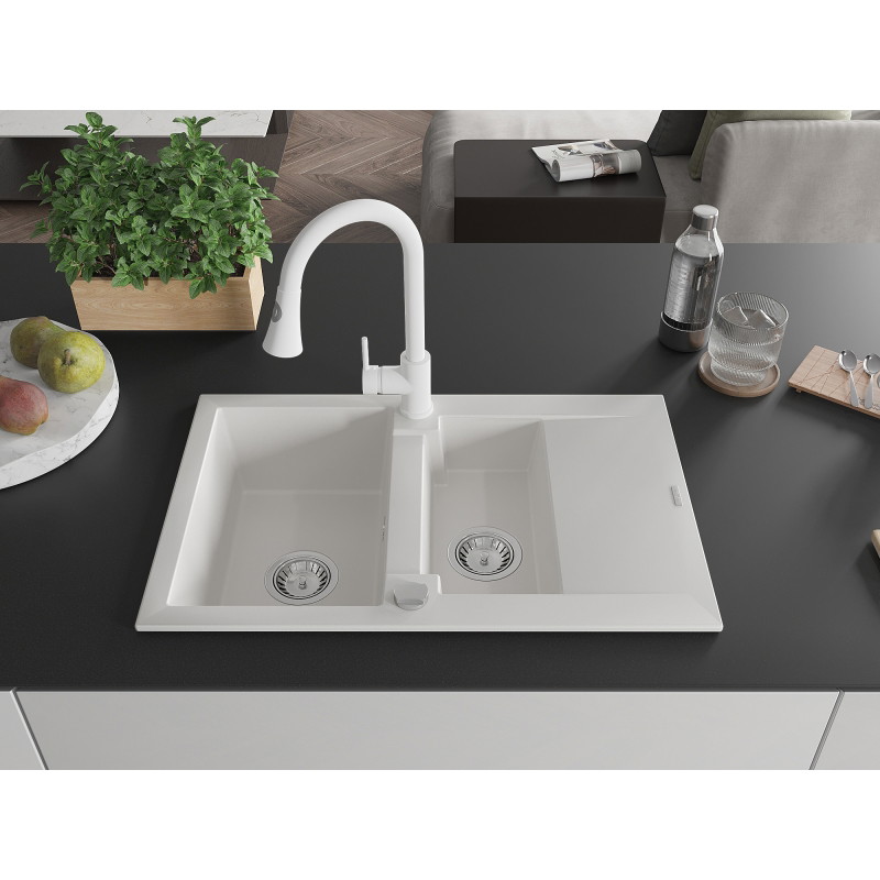 Mexen Gaspar 1.5-bowl granite sink with drainer and Elia kitchen faucet, white - 6507-20-670101-20