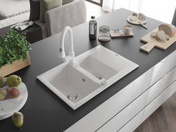 Mexen Gaspar 1.5-compartment granite sink with a drip tray and kitchen mixer tap Elia, White - 6507-20-670101-20