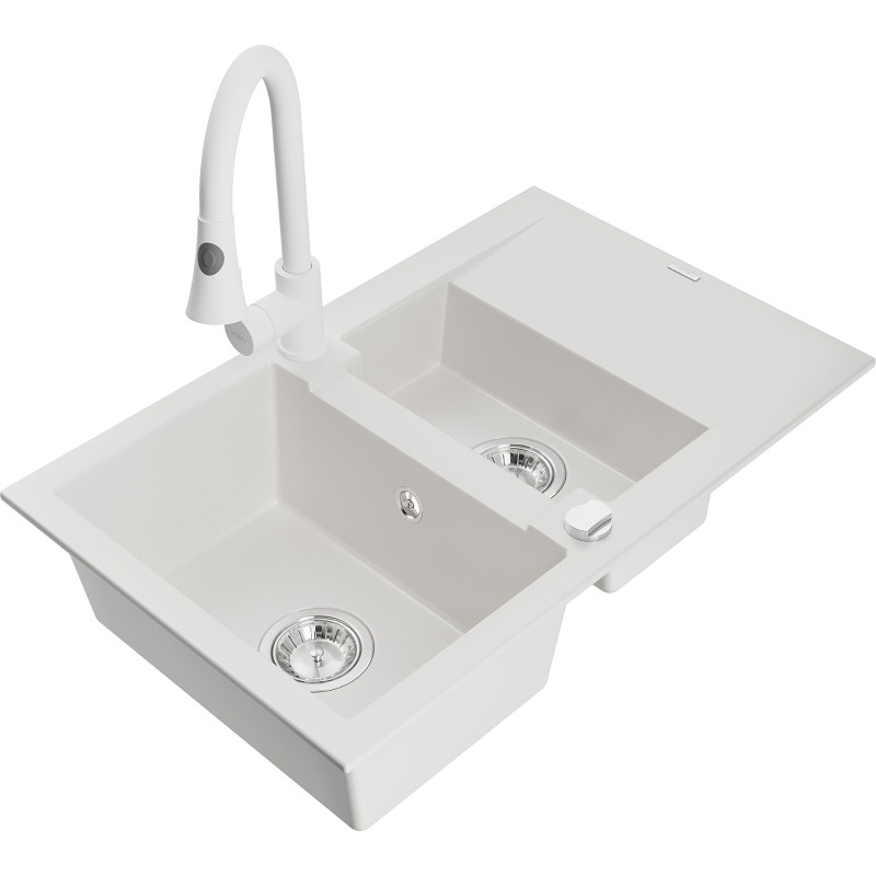 Mexen Gaspar 1.5-bowl granite sink with drainer and Elia kitchen faucet, white - 6507-20-670101-20