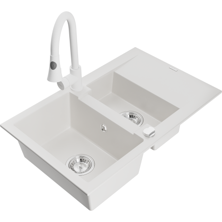 Mexen Gaspar 1.5-compartment granite sink with a drip tray and kitchen mixer tap Elia, White - 6507-20-670101-20