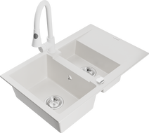 Mexen Gaspar 1.5-compartment granite sink with a drip tray and kitchen mixer tap Elia, White - 6507-20-670101-20