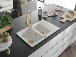 Mexen Gaspar 1.5-compartment granite sink with a drip tray and kitchen mixer tap Elia, White - 6507-20-670101-50
