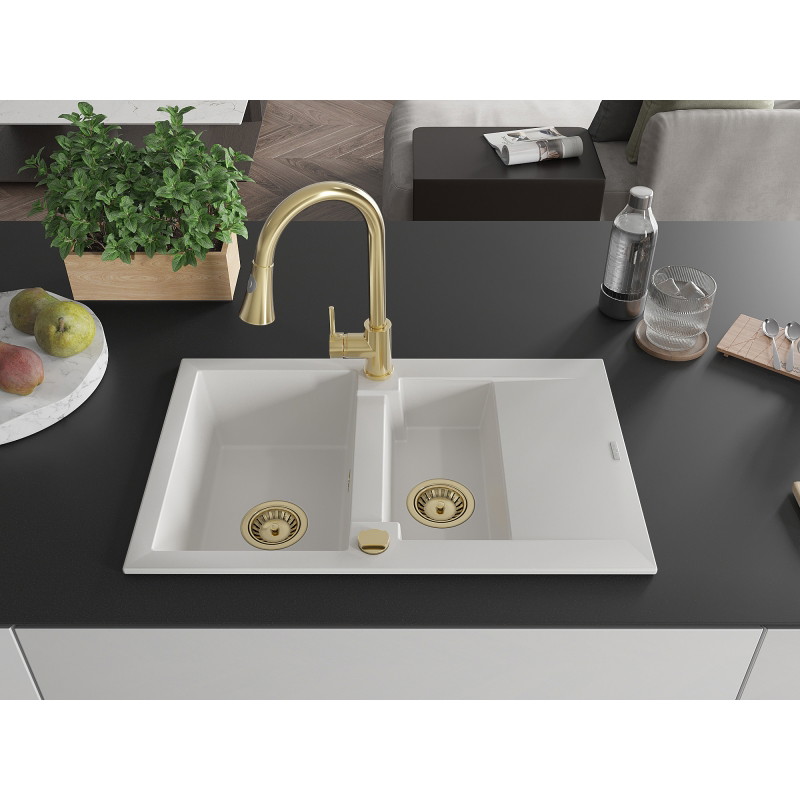 Mexen Gaspar 1.5-bowl granite sink with drainer and Elia kitchen faucet, white - 6507-20-670101-50