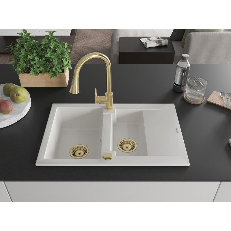 Mexen Gaspar 1.5-bowl granite sink with drainer and Elia kitchen tap, white - 6507-20-670101-50