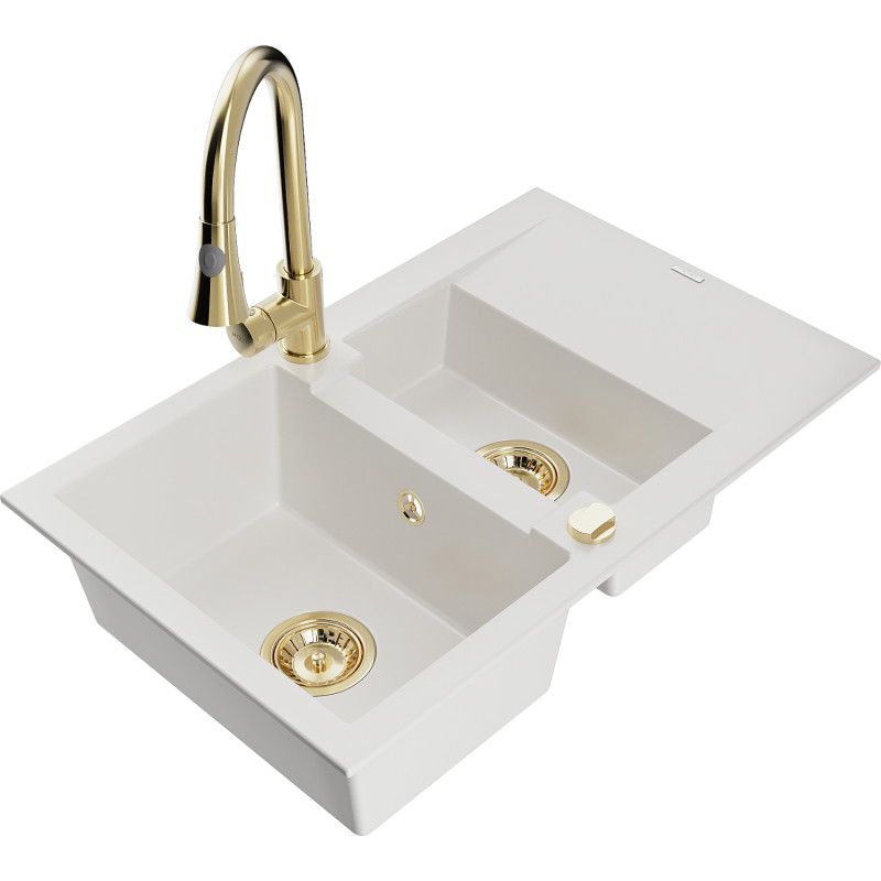 Mexen Gaspar 1.5-bowl granite sink with drainer and Elia kitchen faucet, white - 6507-20-670101-50