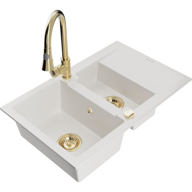 Mexen Gaspar 1.5-bowl granite sink with drainer and Elia kitchen tap, white - 6507-20-670101-50