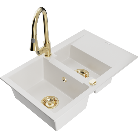 Mexen Gaspar 1.5-bowl granite sink with drainer and Elia kitchen tap, white - 6507-20-670101-50