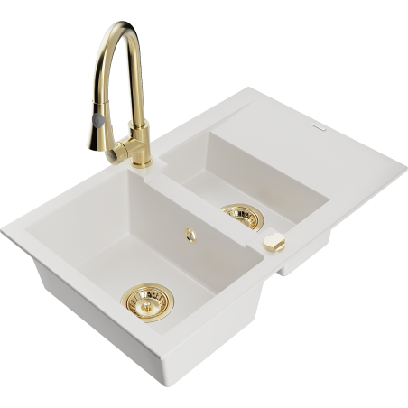 Mexen Gaspar 1.5-compartment granite sink with a drip tray and kitchen mixer tap Elia, White - 6507-20-670101-50