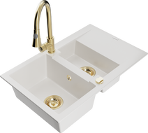 Mexen Gaspar 1.5-compartment granite sink with a drip tray and kitchen mixer tap Elia, White - 6507-20-670101-50