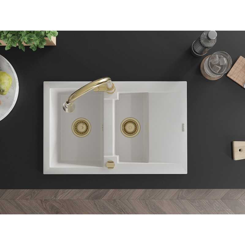 Mexen Gaspar granite sink 1.5-bowl with drainer and Elia kitchen faucet, white - 6507-20-670101-50