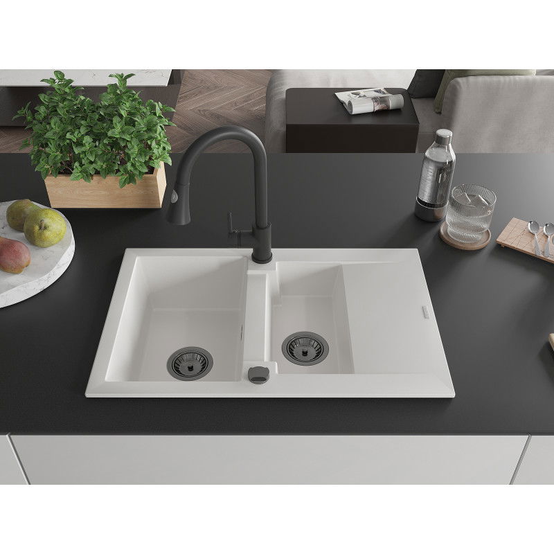 Mexen Gaspar granite sink 1.5-bowl with drainer and Elia kitchen tap, white - 6507-20-670101-70