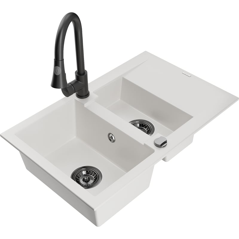 Mexen Gaspar granite kitchen sink 1.5-bowl with drainer and Elia kitchen faucet, white - 6507-20-670101-70