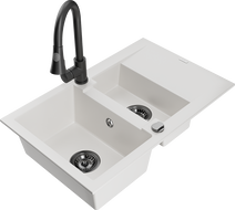 Mexen Gaspar 1.5-compartment granite sink with a drip tray and kitchen mixer tap Elia, White - 6507-20-670101-70