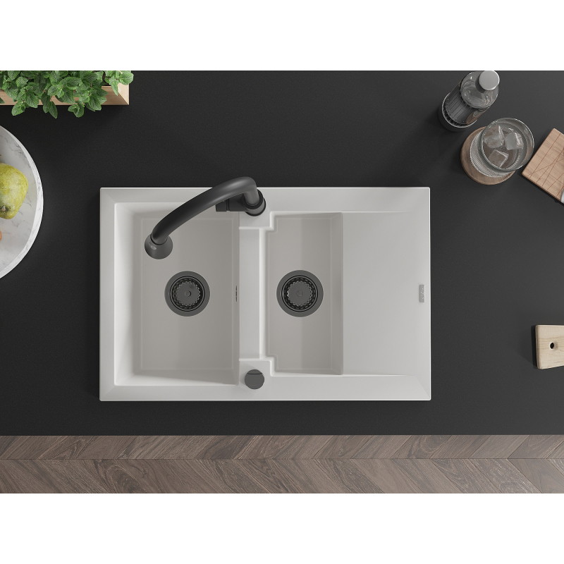 Mexen Gaspar granite kitchen sink 1.5-bowl with drainer and Elia kitchen faucet, white - 6507-20-670101-70