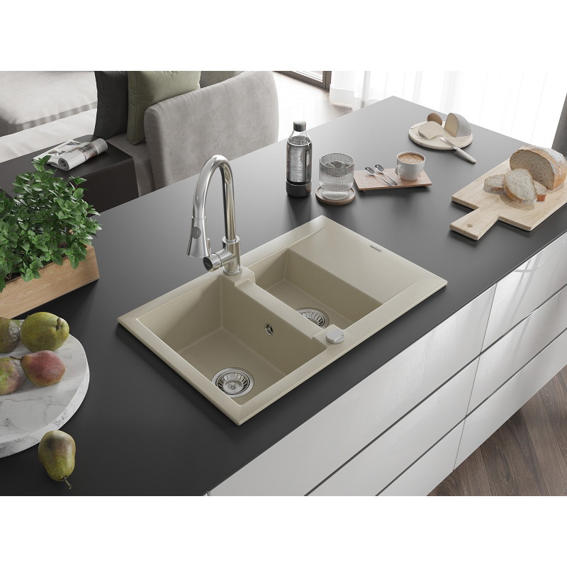 Mexen Gaspar granite kitchen sink 1.5-bowl with drainer and Elia kitchen faucet, beige - 6507-69-670101-00