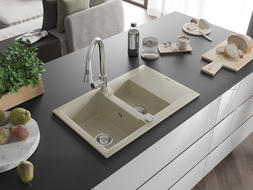 Mexen Gaspar 1.5-compartment granite sink with a drip tray and kitchen mixer tap Elia, Beige - 6507-69-670101-00