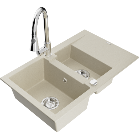 Mexen Gaspar 1.5-bowl granite sink with drainer and Elia kitchen faucet, beige - 6507-69-670101-00