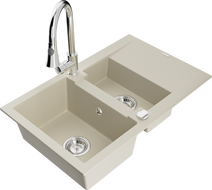 Mexen Gaspar 1.5-compartment granite sink with a drip tray and kitchen mixer tap Elia, Beige - 6507-69-670101-00