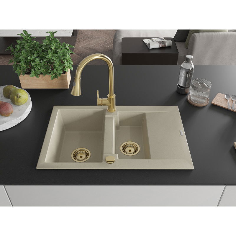 Mexen Gaspar 1.5-bowl granite sink with drainer and Elia kitchen tap, beige - 6507-69-670101-50