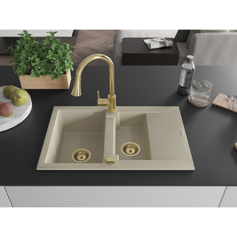 Mexen Gaspar granite sink 1.5-bowl with drainer and kitchen faucet Elia, beige - 6507-69-670101-50