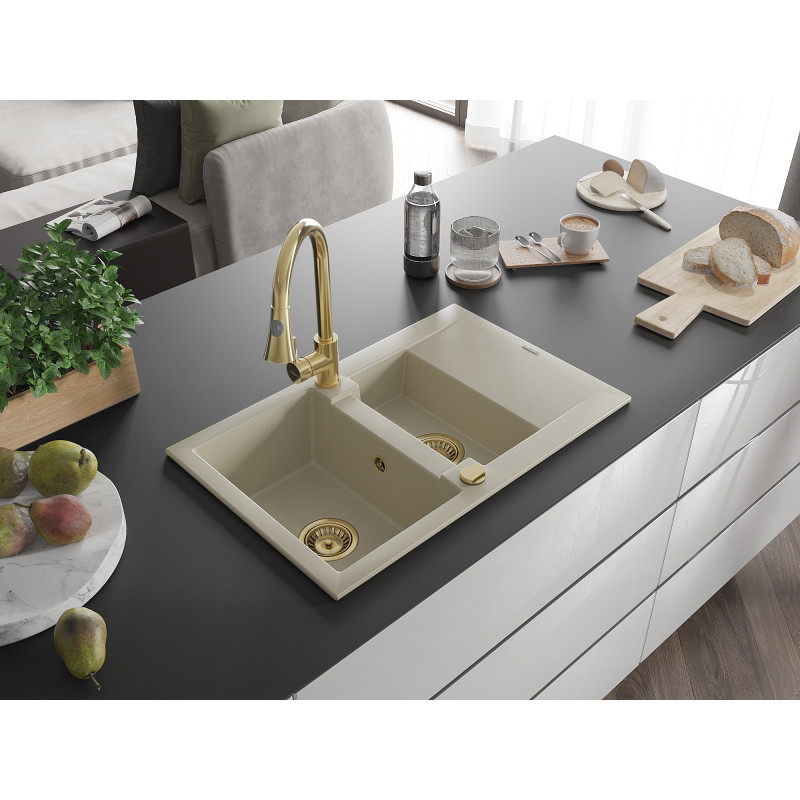 Mexen Gaspar granite sink 1.5-bowl with drainer and kitchen faucet Elia, beige - 6507-69-670101-50
