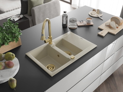 Mexen Gaspar granite sink 1.5-bowl with drainer and kitchen faucet Elia, beige - 6507-69-670101-50