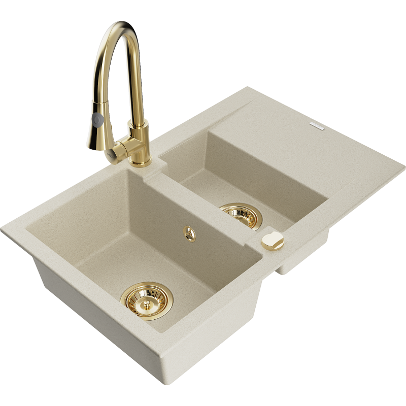 Mexen Gaspar 1.5-compartment granite sink with a drip tray and kitchen mixer tap Elia, Beige - 6507-69-670101-50