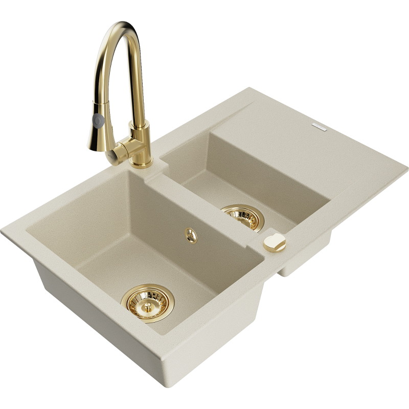Mexen Gaspar granite sink 1.5-bowl with drainer and kitchen faucet Elia, beige - 6507-69-670101-50