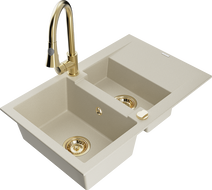 Mexen Gaspar 1.5-bowl granite sink with drainer and Elia kitchen tap, beige - 6507-69-670101-50