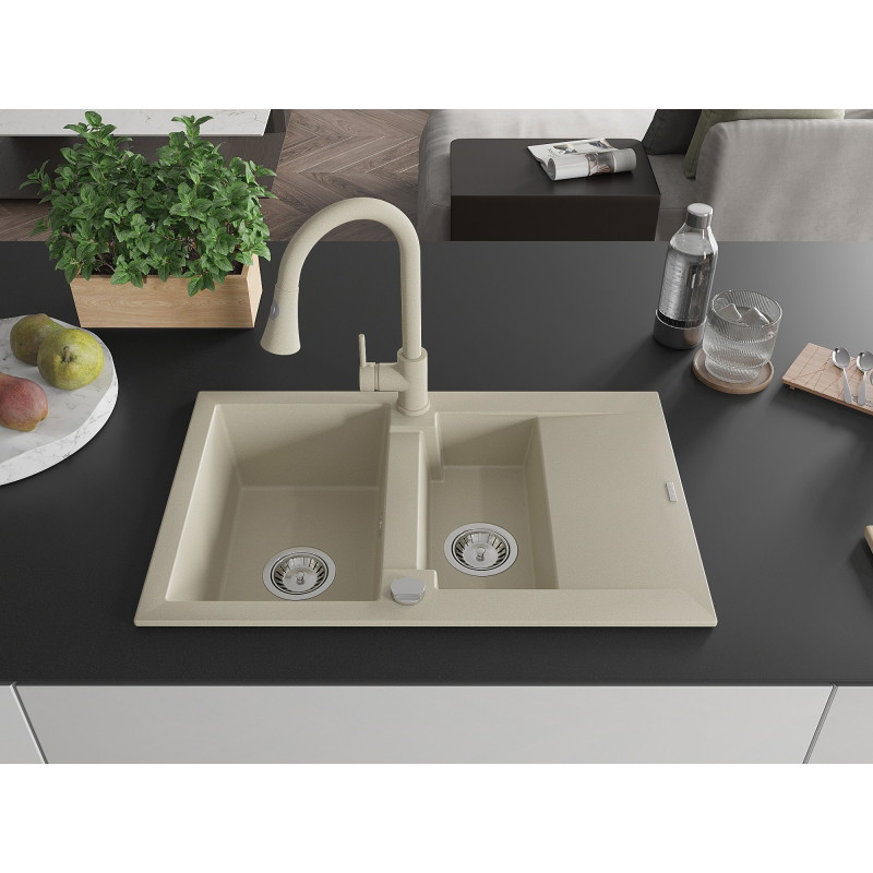 Mexen Gaspar granite kitchen sink 1.5-bowl with drainer and Elia kitchen faucet, beige - 6507-69-670101-69