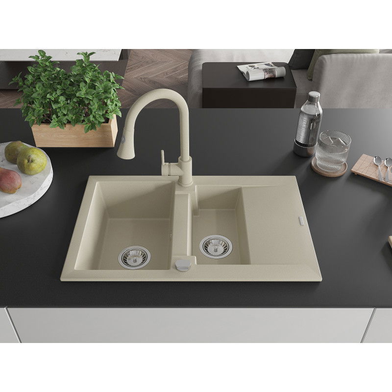 Mexen Gaspar granite sink 1.5-bowl with drainer and Elia kitchen tap, beige - 6507-69-670101-69