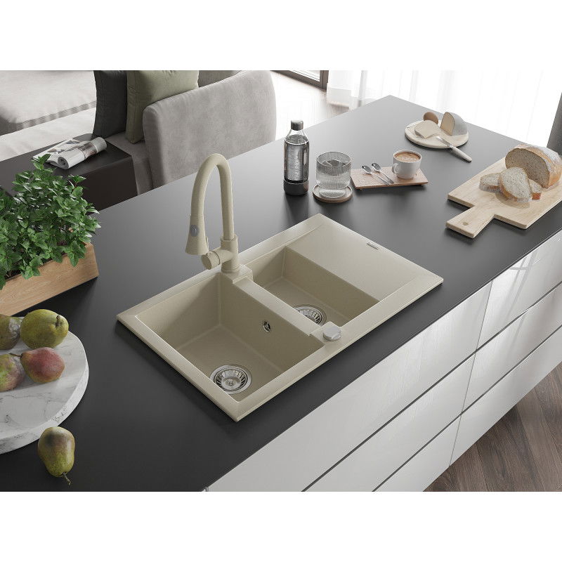 Mexen Gaspar granite sink 1.5-bowl with drainer and Elia kitchen tap, beige - 6507-69-670101-69