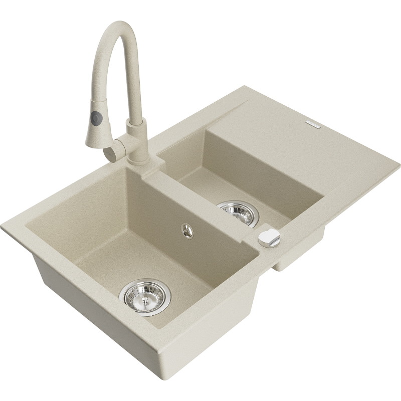 Mexen Gaspar granite sink 1.5-bowl with drainer and Elia kitchen faucet, beige - 6507-69-670101-69