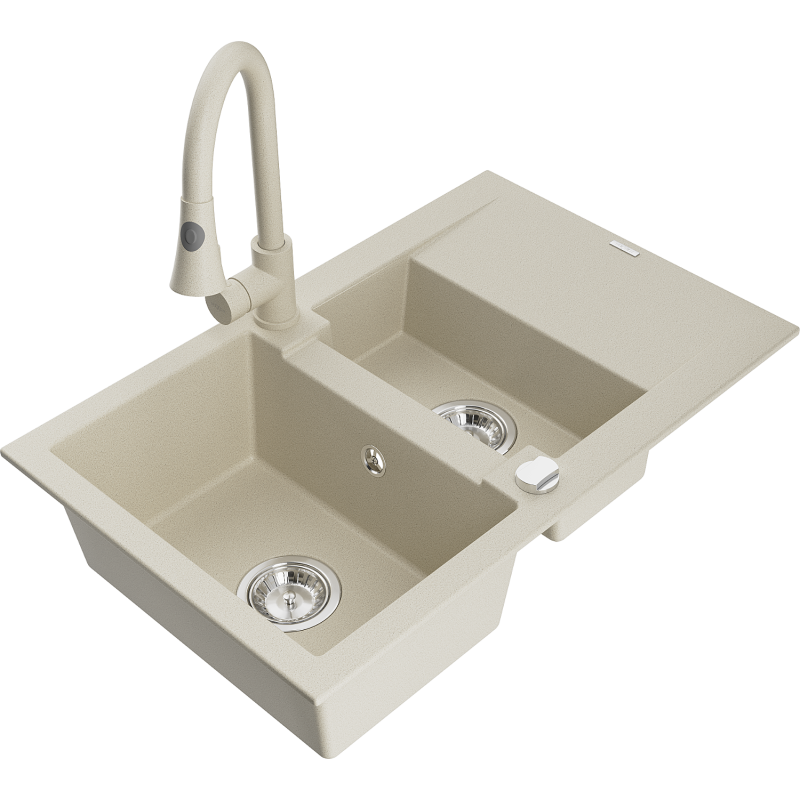 Mexen Gaspar granite sink 1.5-bowl with drainer and Elia kitchen tap, beige - 6507-69-670101-69
