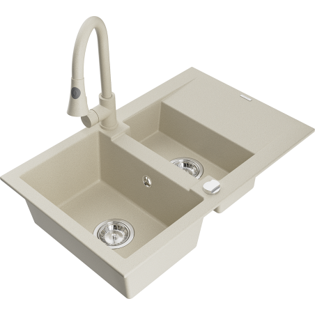 Mexen Gaspar granite sink 1.5-bowl with drainer and Elia kitchen faucet, beige - 6507-69-670101-69