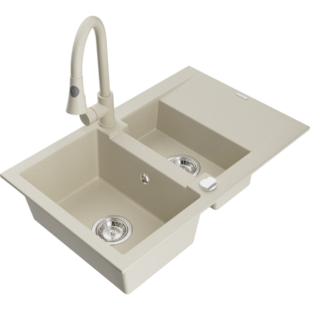 Mexen Gaspar granite sink 1.5-bowl with drainer and Elia kitchen tap, beige - 6507-69-670101-69